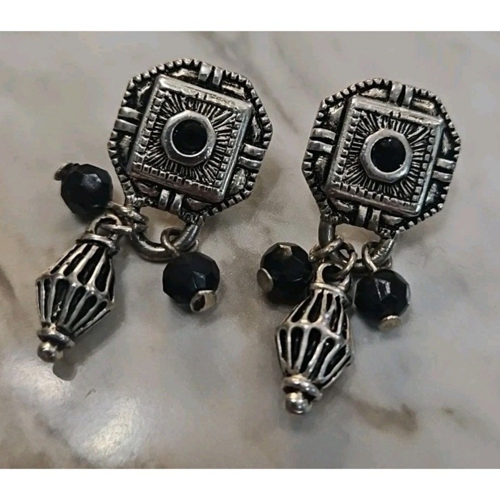 PARK LANE Dangle‎ Pierced Earrings w/Black Beads 1 3/4" L Signed